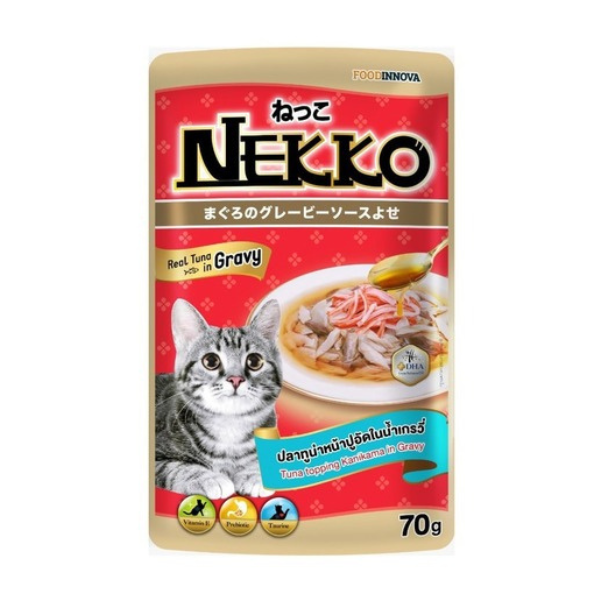 Nekko pouch Tuna topping Seabream in gravy adult 70gm.